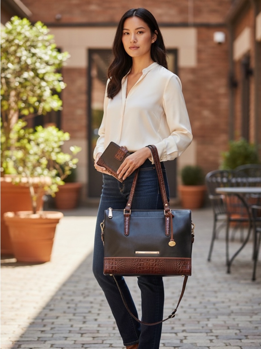 Brahmin Tuscan Croc-Trim Leather Tote w/Matching Card Holder & Dustbag (EUC)